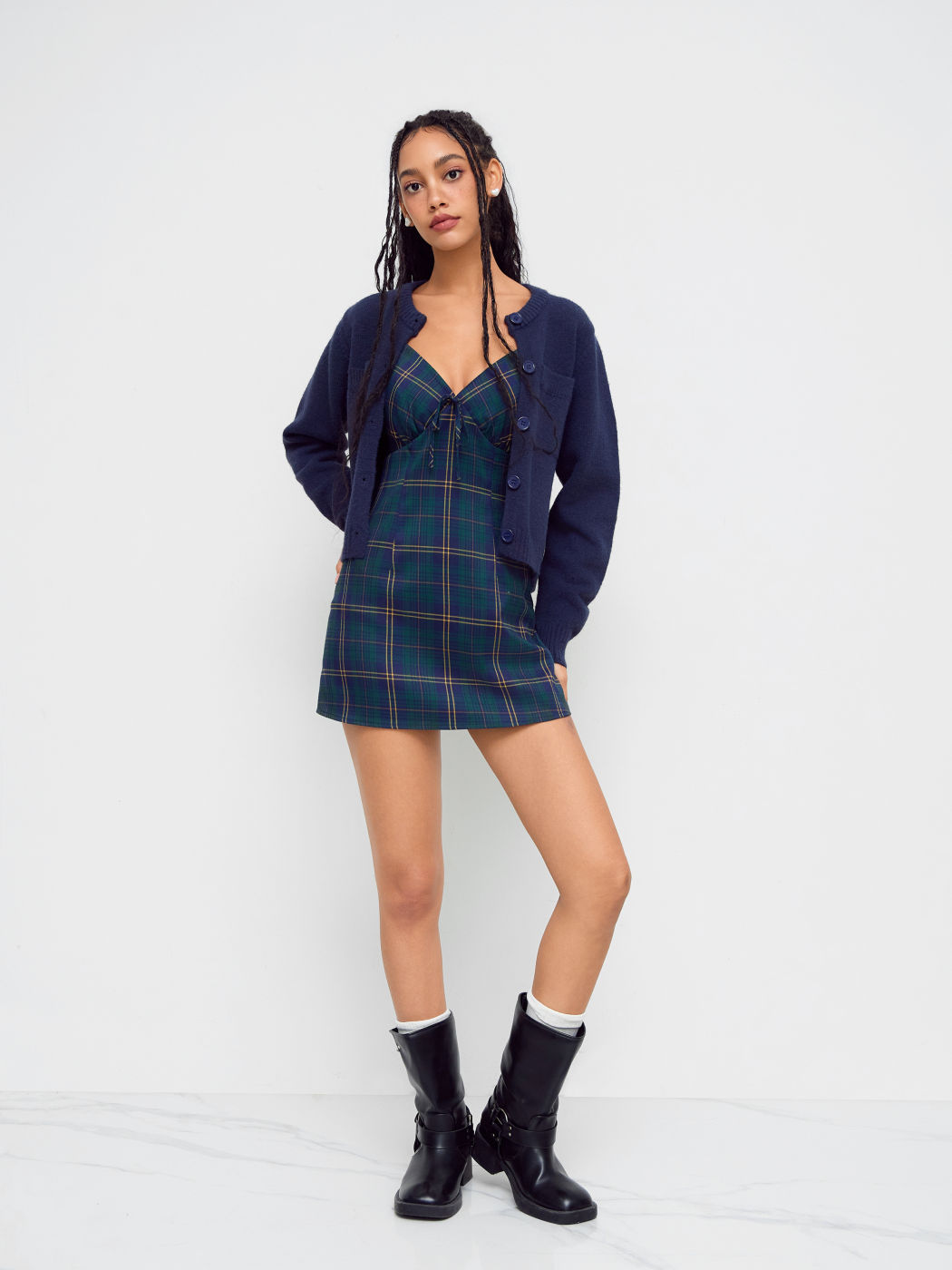 V-neck Knotted Plaid Mini Dress