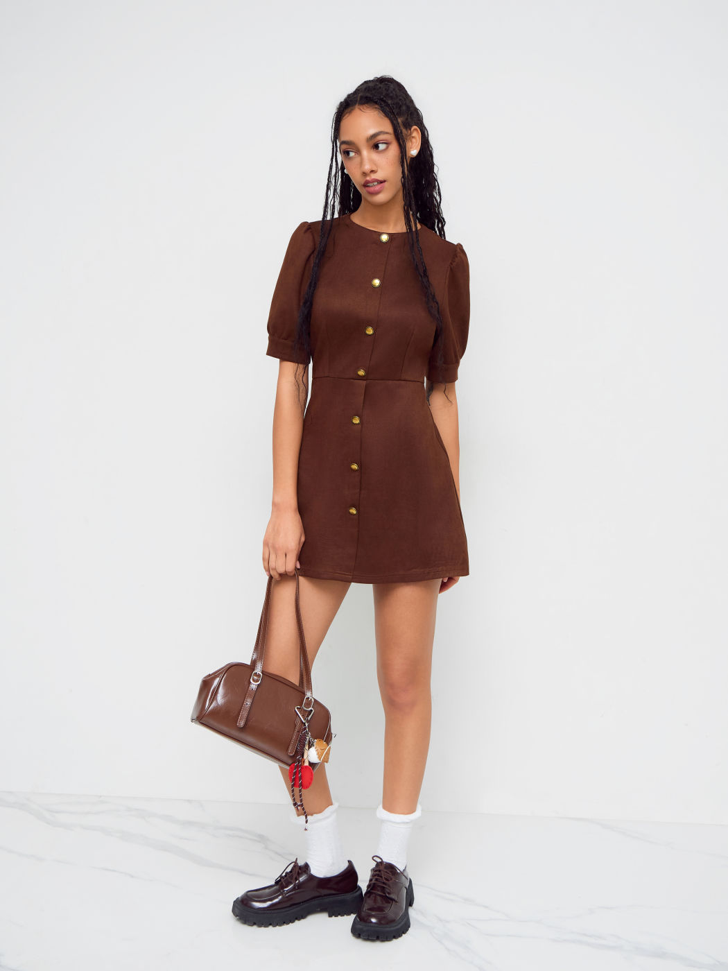 Suede Button Puff Sleeve Mini Dress