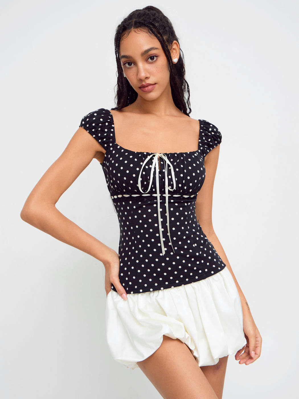 Square Neck Polka Dot Knotted Short Sleeve Top