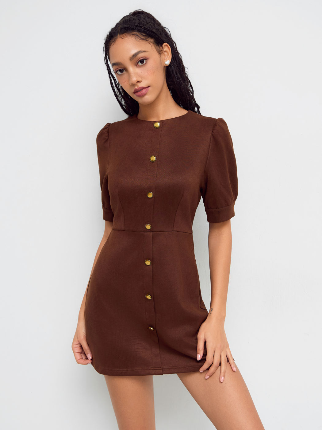Suede Button Puff Sleeve Mini Dress