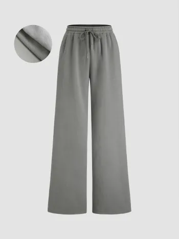 Cotton-blend Mid Rise Drawstring Straight Leg Trousers With Fleece Lined
