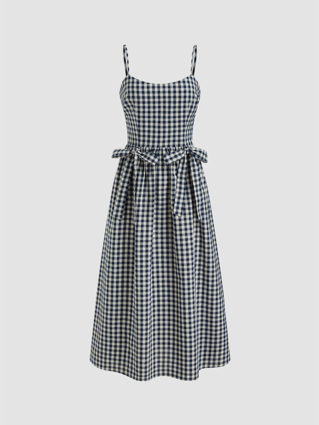 Cotton-blend U-neckline Gingham Ruffle Bowknot Maxi Dress