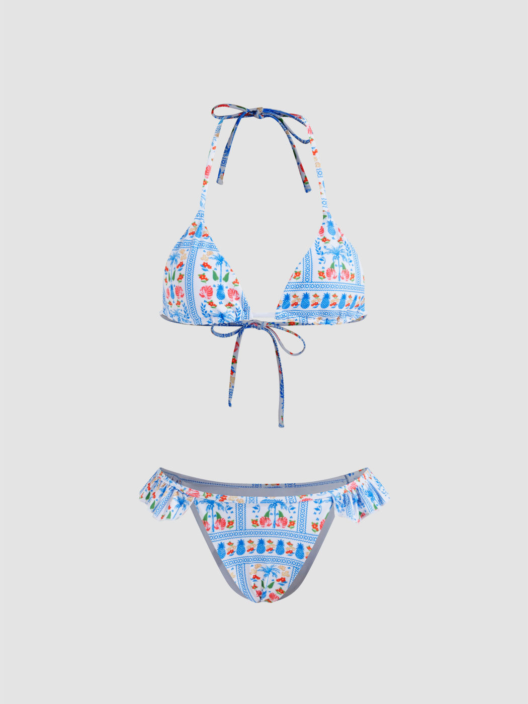 Halter Neckline Fruit Graphic Ruffle Cheeky Bikini Set