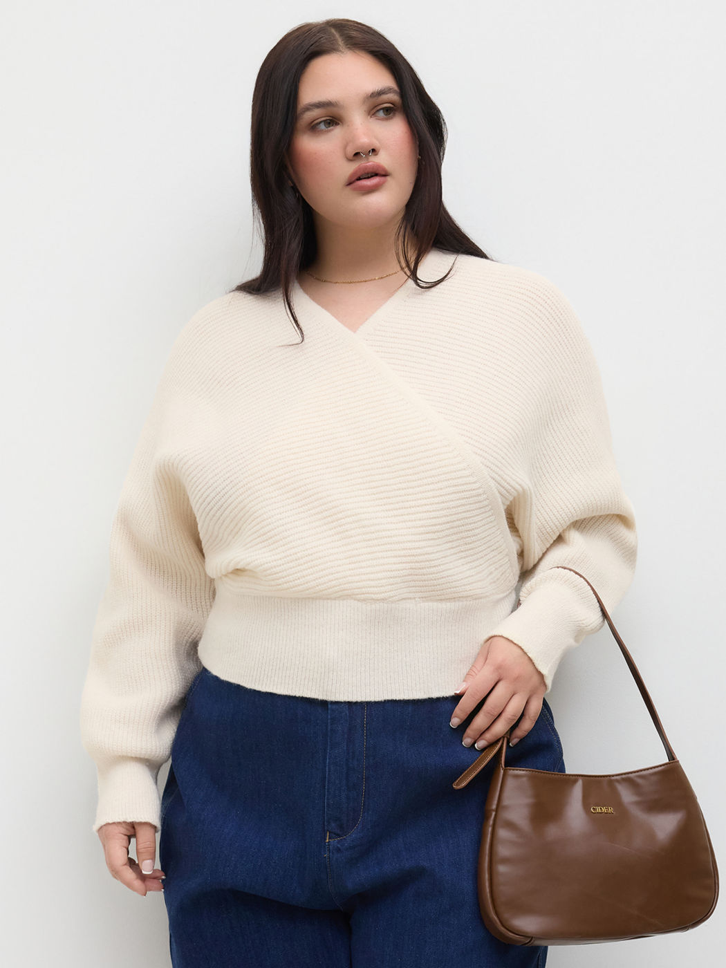 Knit V-neck Wrap Oversized Long Sleeve Top Curve & Plus