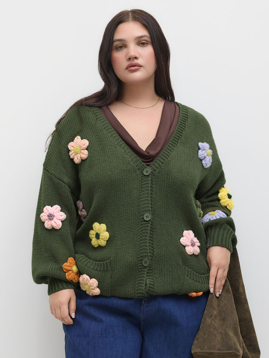 Knit V-neck 3D Flower Pocket Longline Cardigan Curve & Plus
