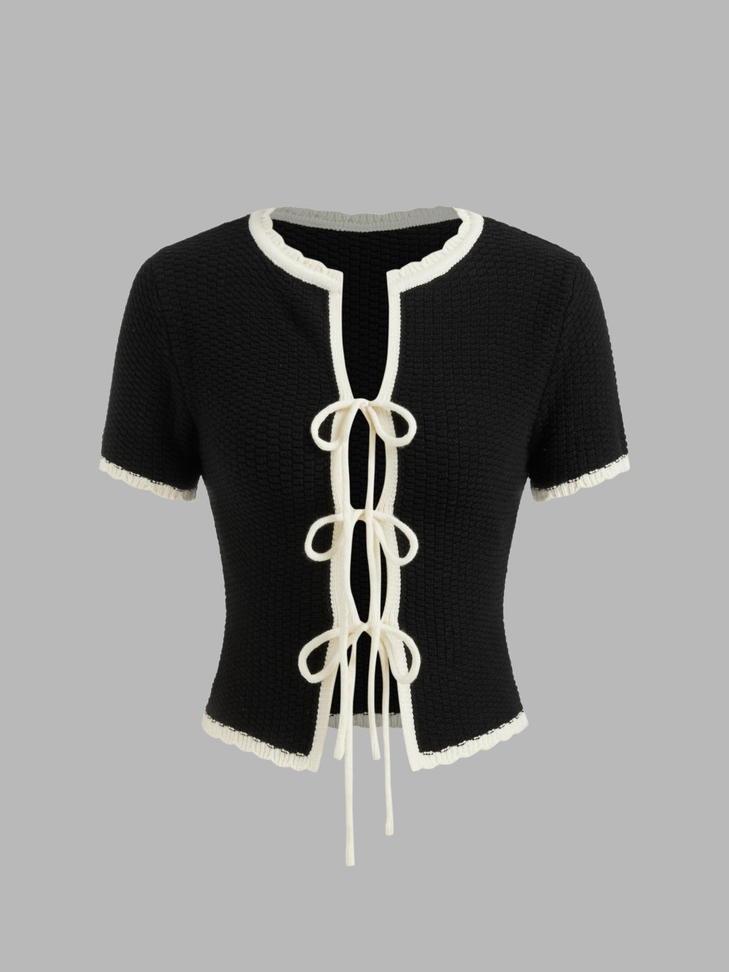 Knit Tie Front Contrasting Binding Crop Top