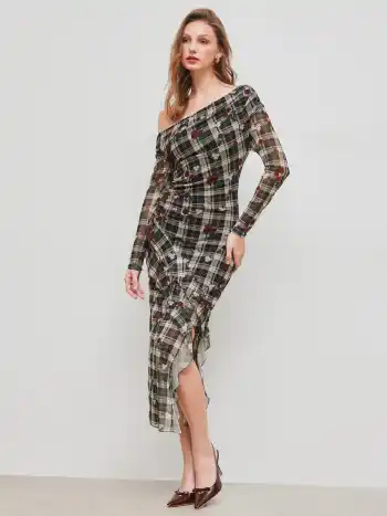 Mesh Asymmetrical Neck Floral Checks Ruffle Hem Maxi Dress