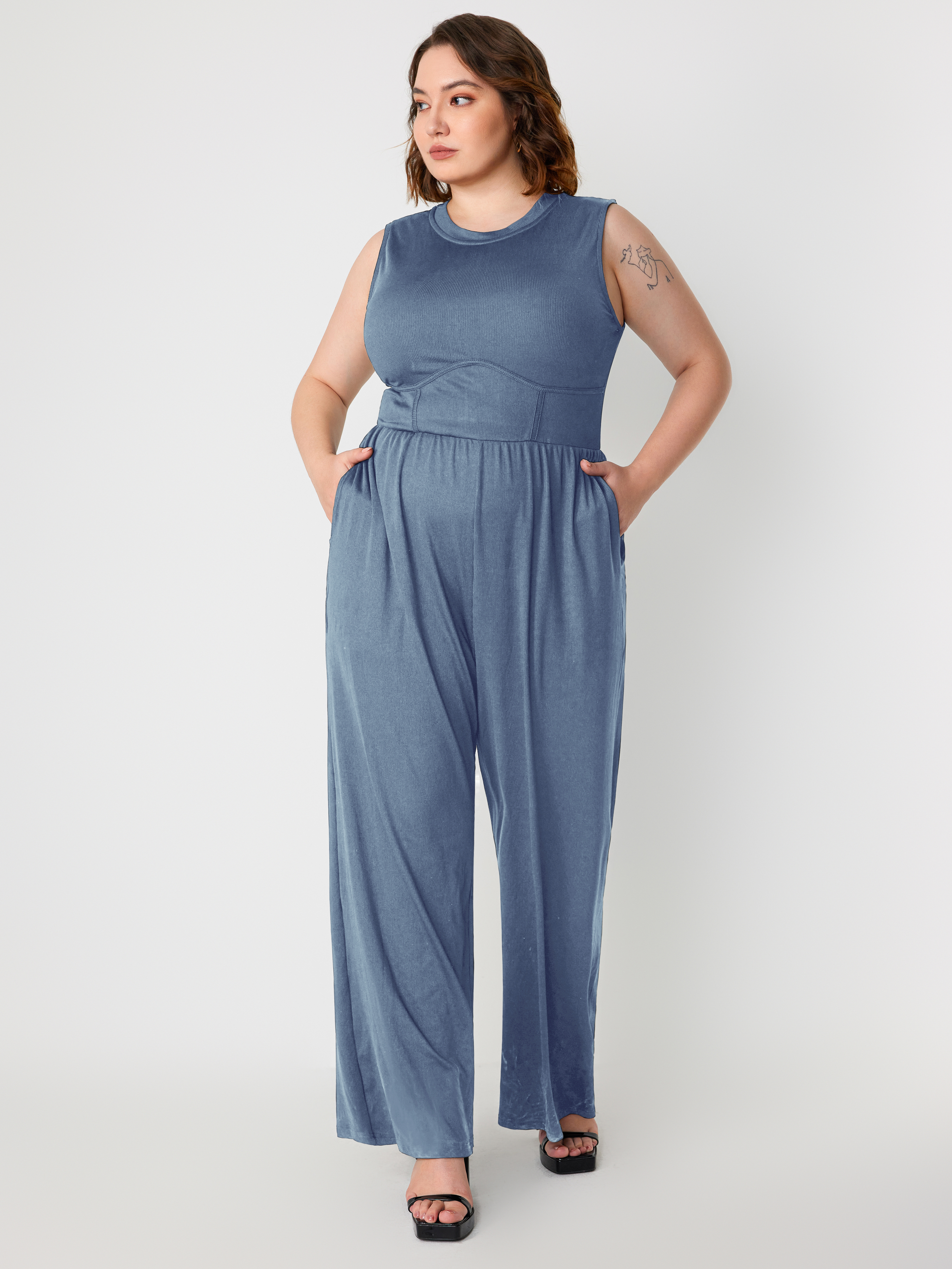 Jersey Solid Sleeveless Wide Leg Jumpsuit Curve & Plus For