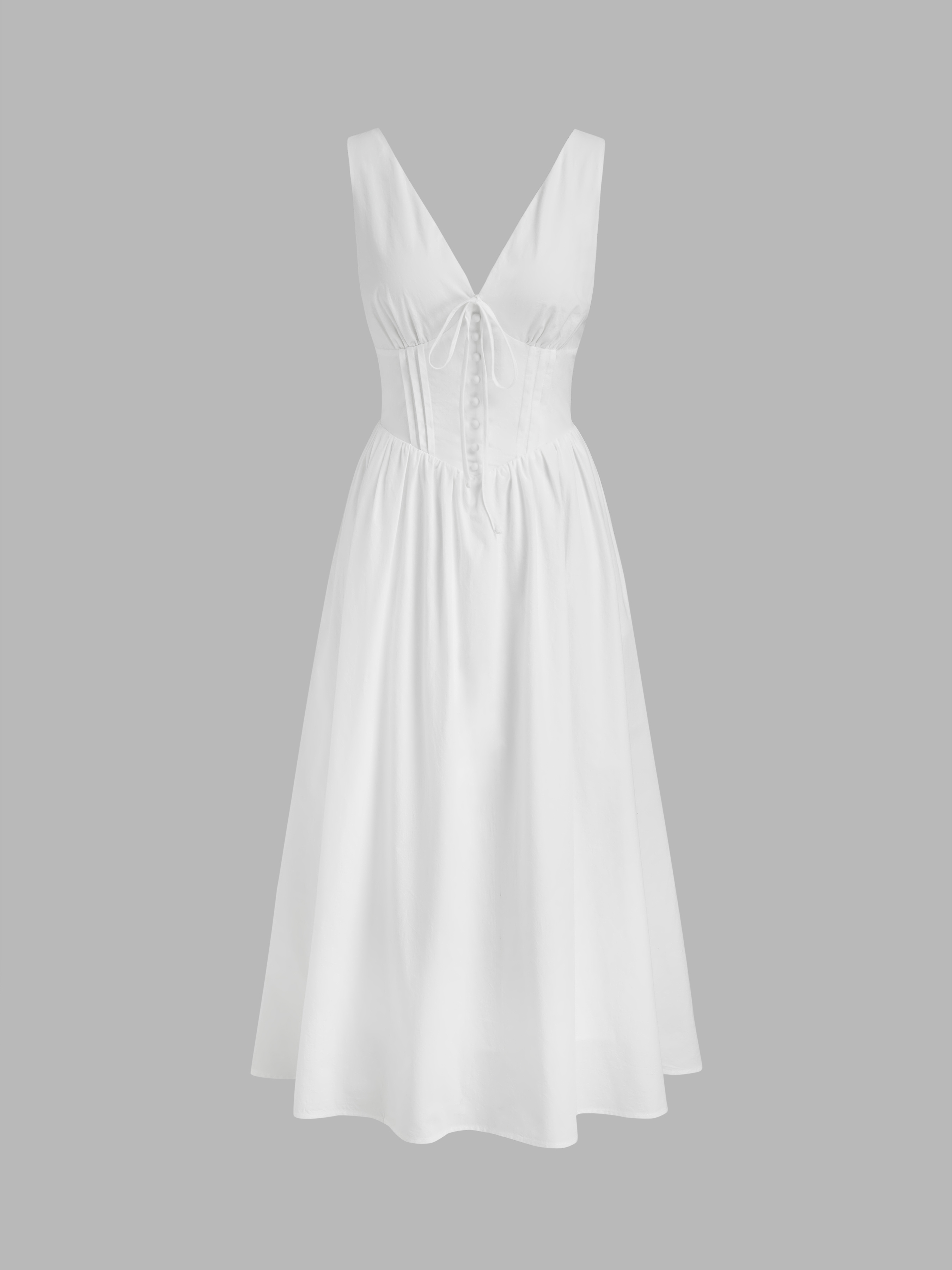 Woven 100%Cotton V-neck Pleated Knotted Maxi Dress For Date