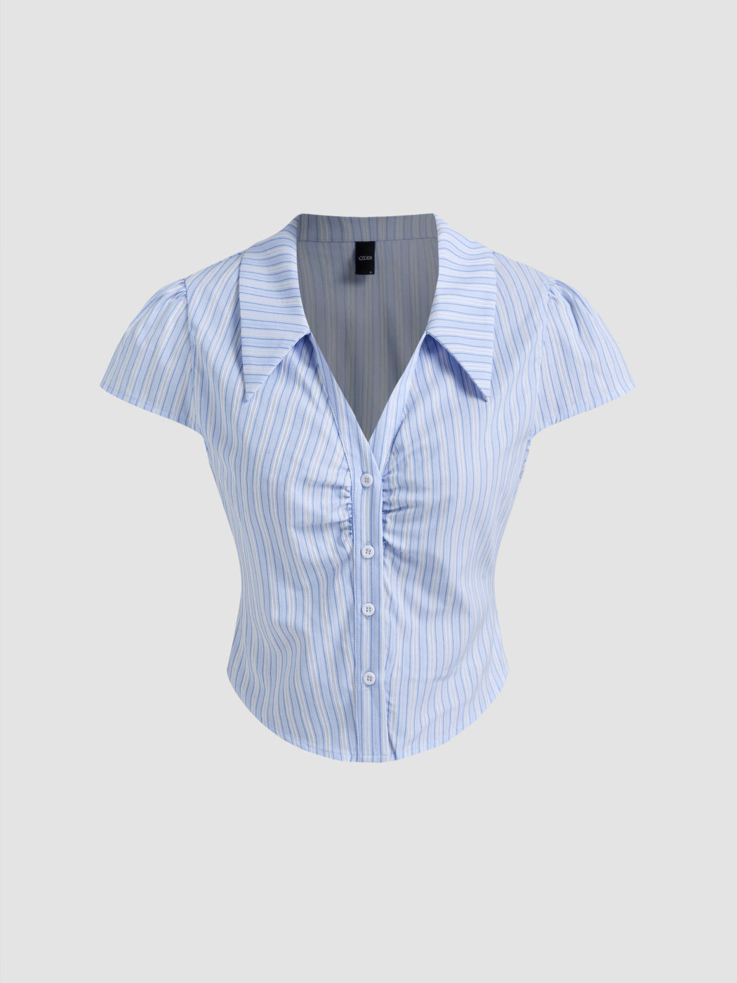 Cotton-blend Collar Stripes Ruched Shirt