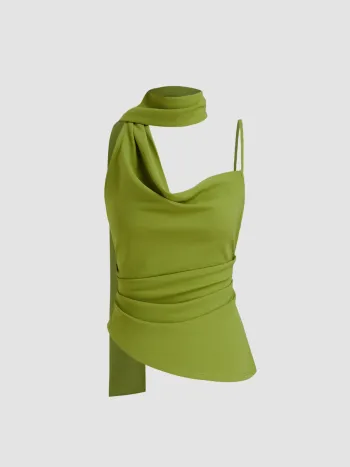 Halter Neckline Ruched Cami Top With Scarf