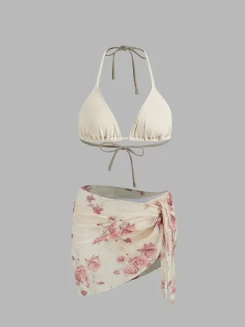 Halter Triangle Bikini Set mit Blumen Sarong