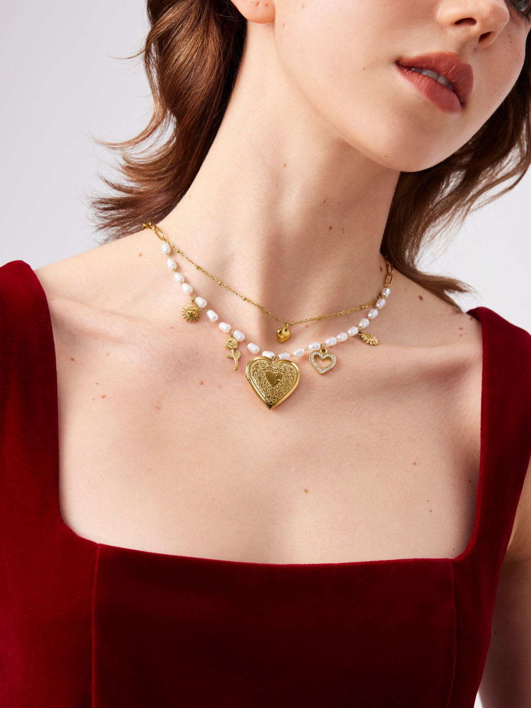 HEART & FLOWER & SUN FAUX PEARL BEADED LAYERED PENDANT NECKLACE