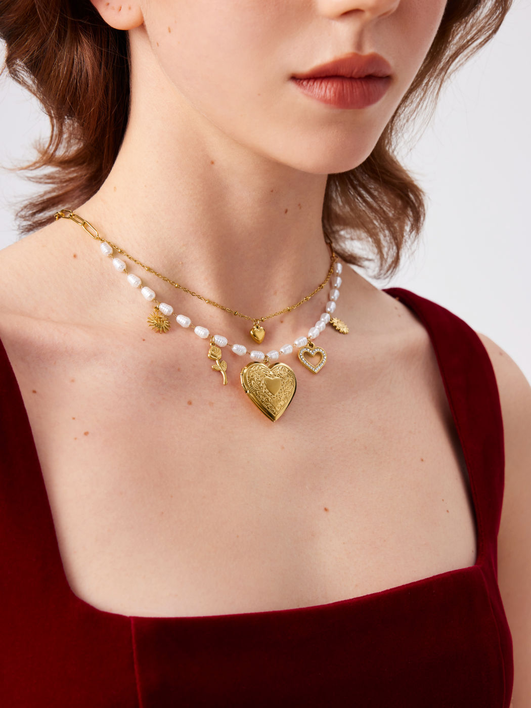 HEART & FLOWER & SUN FAUX PEARL BEADED LAYERED PENDANT NECKLACE