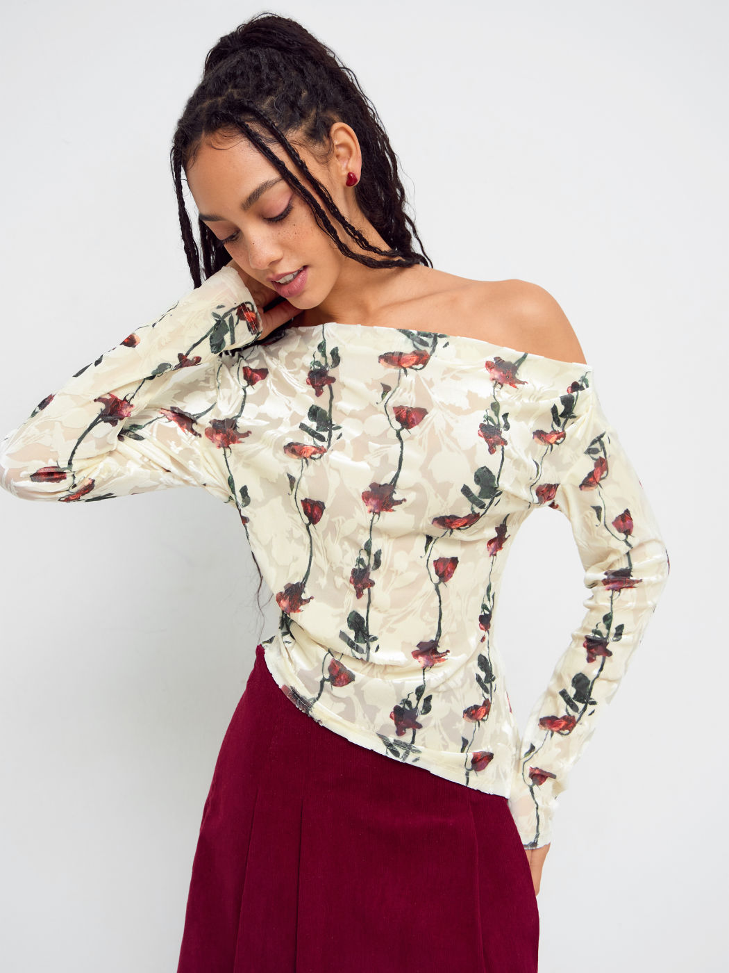 Asymmetrical Neck Floral Ruched Long Sleeve Top