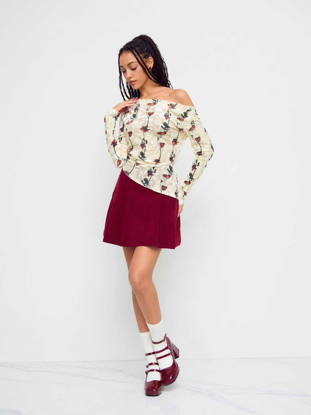Asymmetrical Neck Floral Ruched Long Sleeve Top