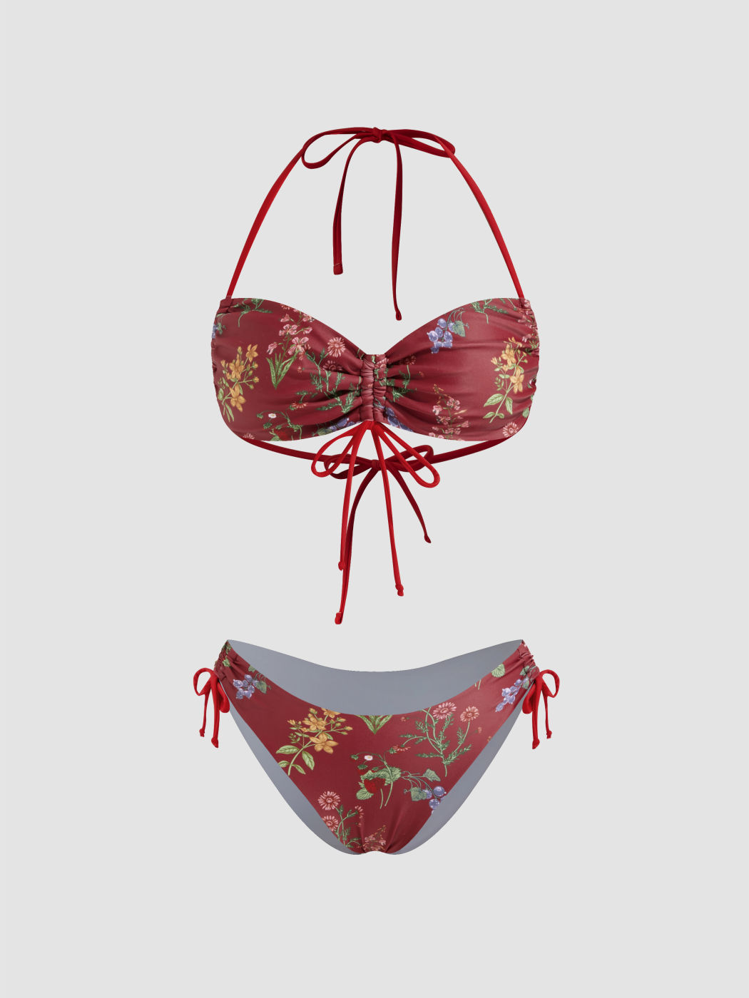 Halter Floral Bowknot Drawstring Bracelet Cheeky Bikini Swimsuit