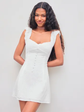 Broderie Anglaise 100% Cotton Off-shoulder Solid Button Mini Dress