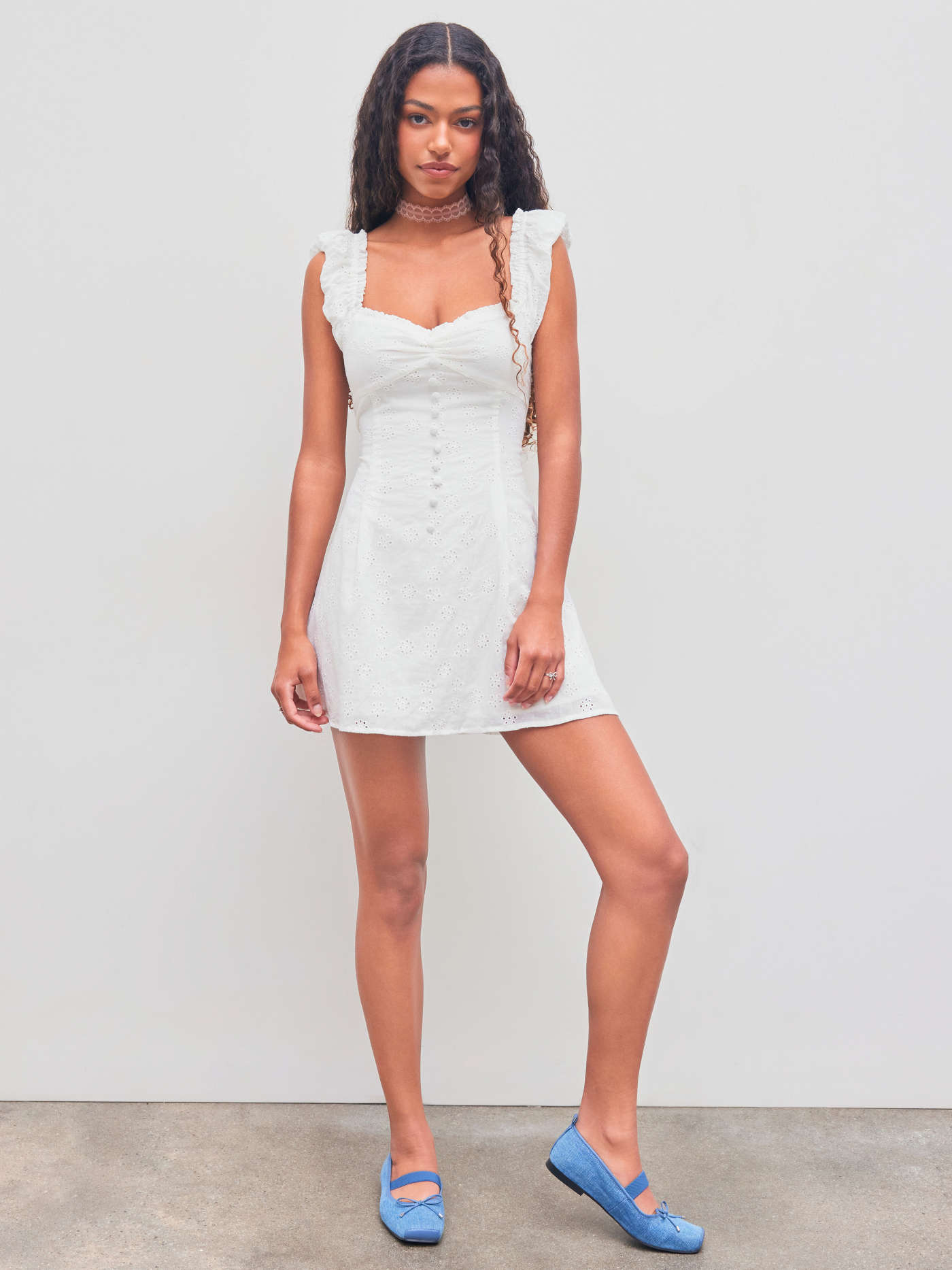 100% Cotton Off-shoulder Solid Button Mini Dress