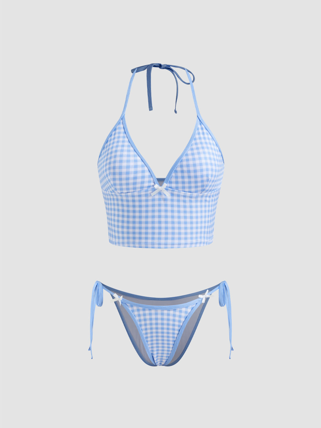 V-neck Gingham Bowknot Halter Tie Side Bikini Set