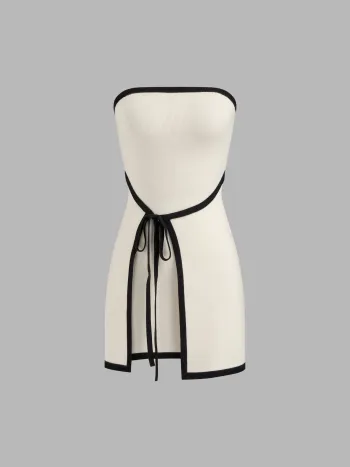 Knitted Knotted Contrasting Binding Bandeau Mini Dress