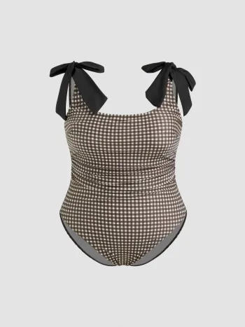 Shaping Gingham Bowknot Ruched One Piece Swimsuit Curve & Plus