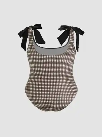 Shaping Gingham Bowknot Ruched One Piece Swimsuit Curve & Plus