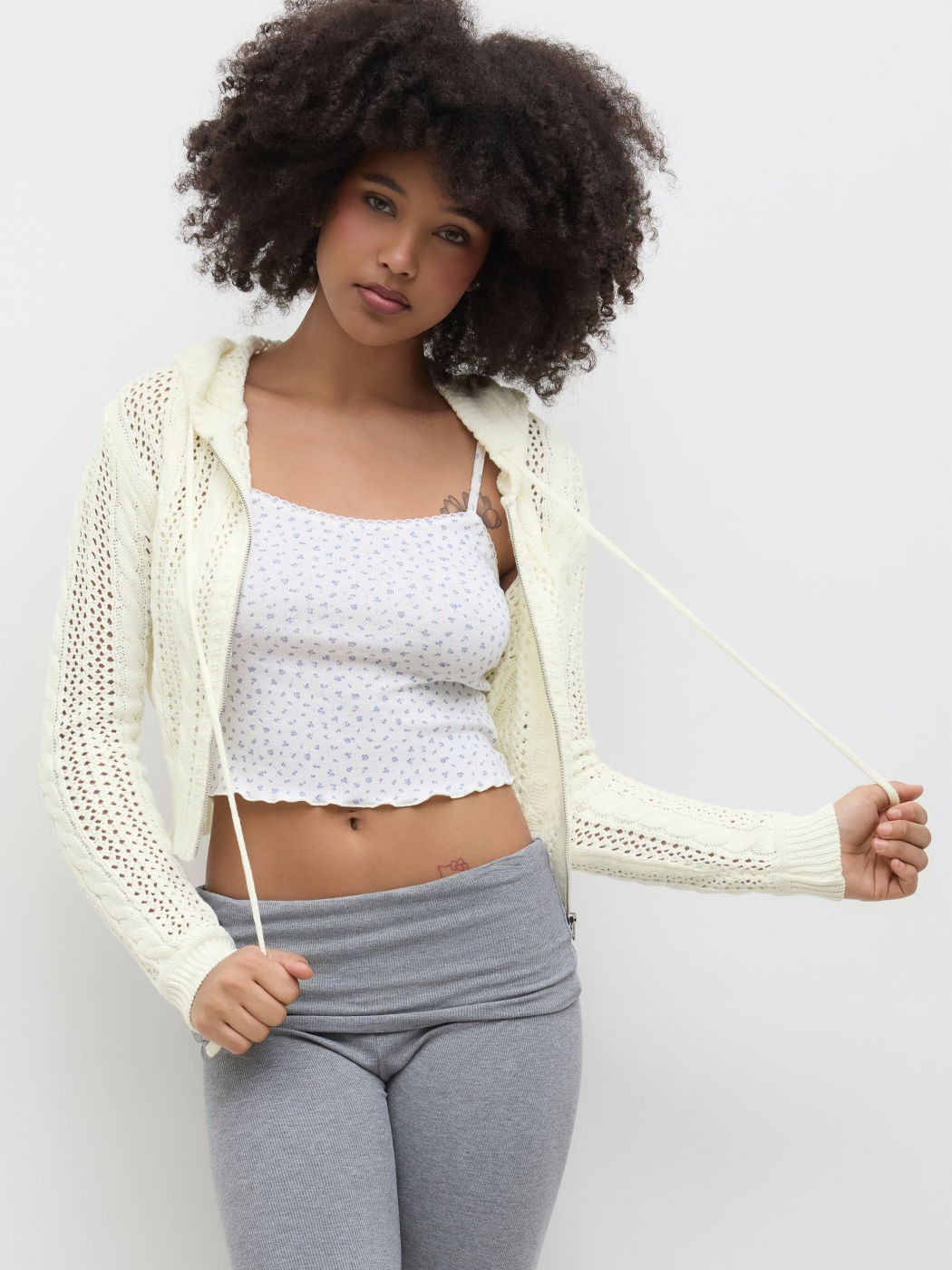 Knit Hooded Zipper Hollow Out Cardigan