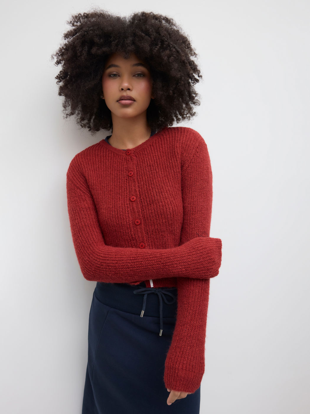 Wollmischung Strick Rundhals Knopf Strickjacke