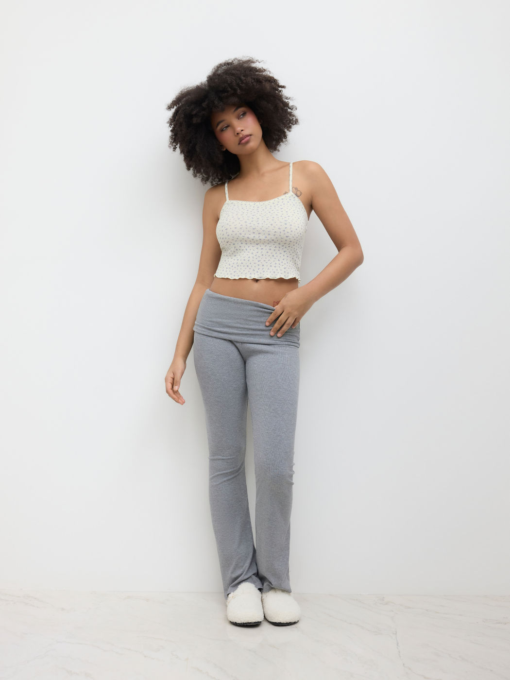 Pointelle U-Ausschnitt Floral Rüschen Crop Top