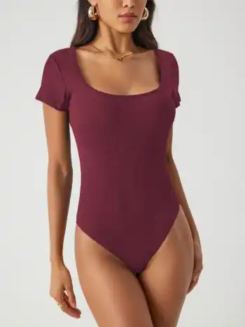Solid Square Neck Short Sleeve Bodysuit