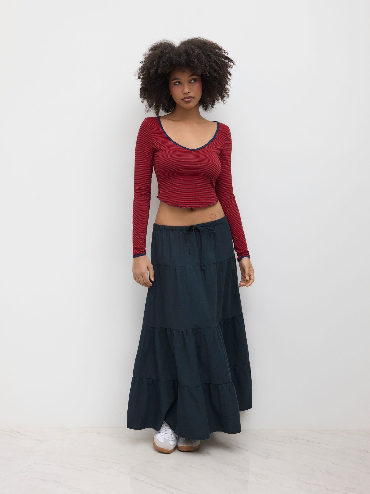Solid Elastic Waist Ruffle Hem Tiered Midi Skirt