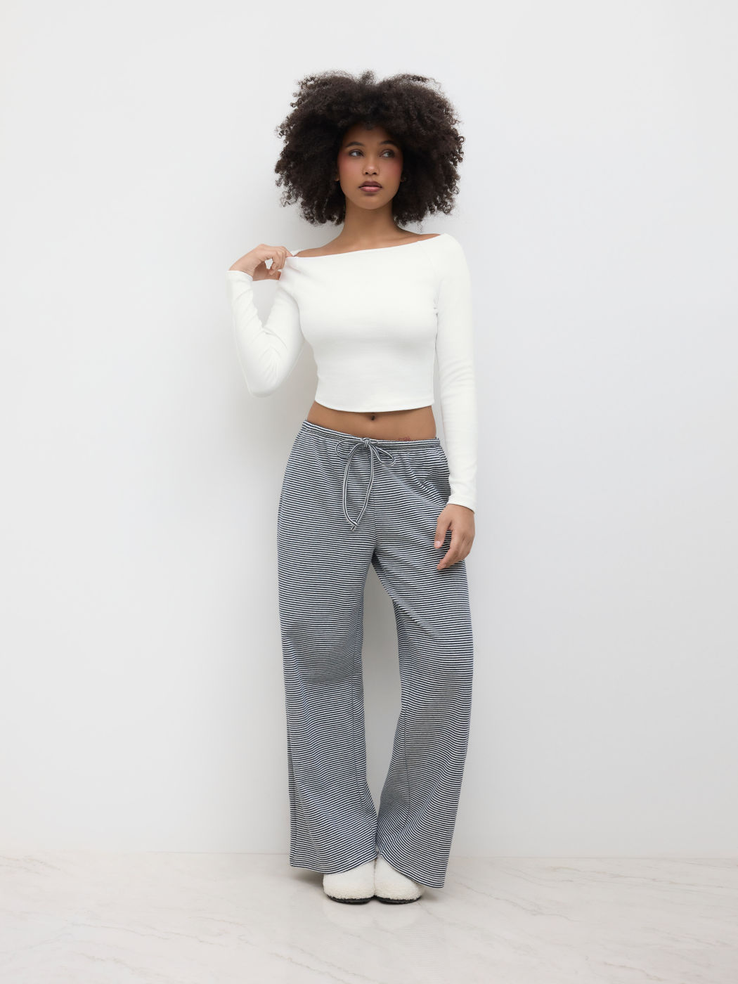 Cotton-blend Boat Neck Long Sleeve Tee 