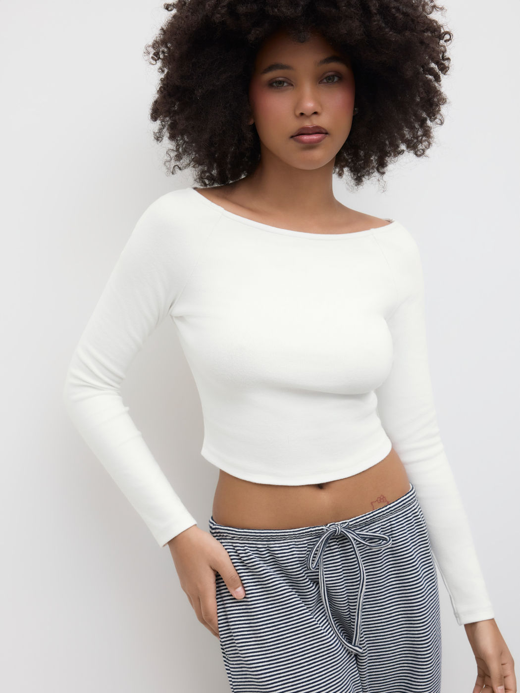 Cotton-blend Boat Neck Long Sleeve Tee 