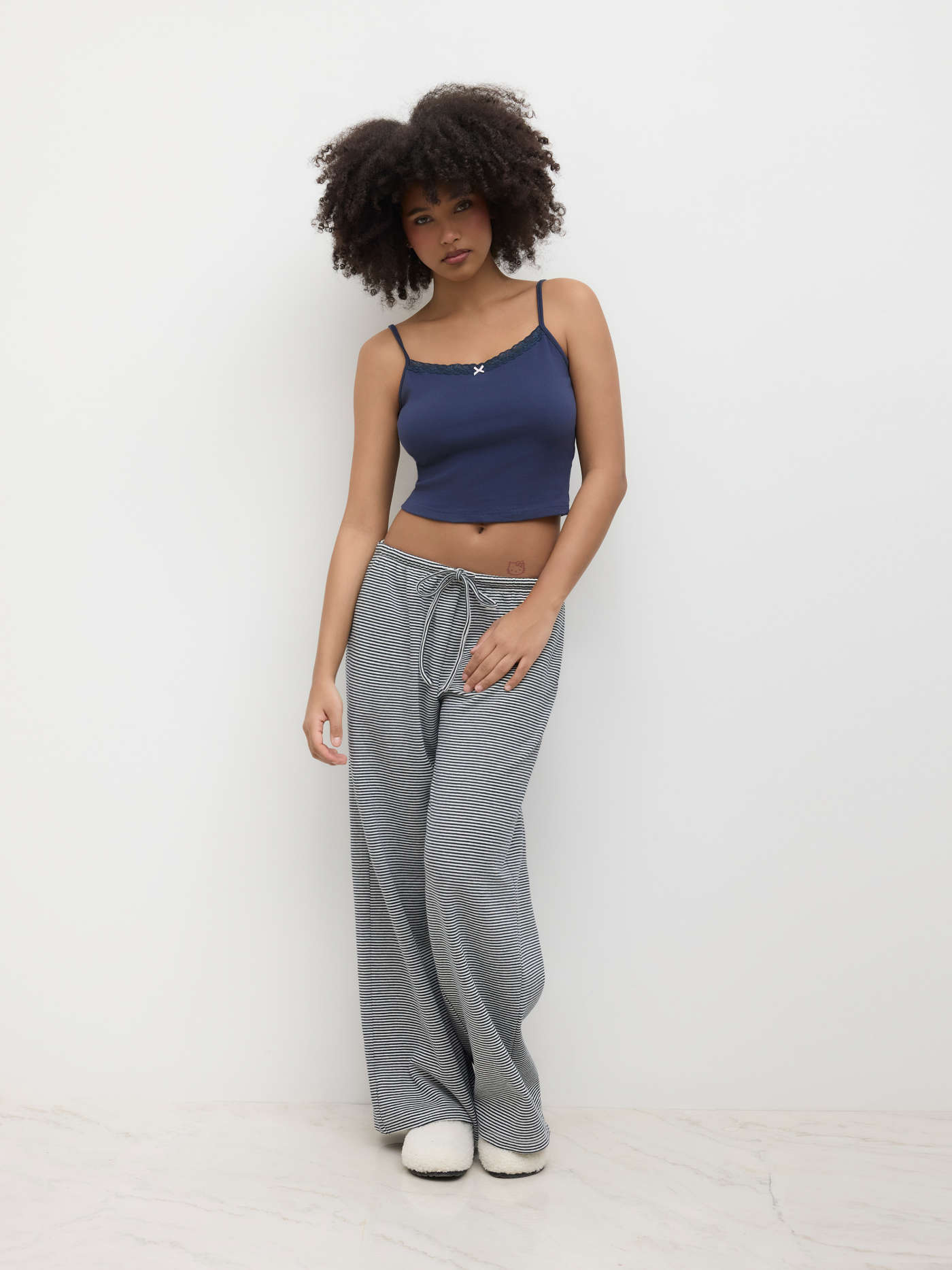 Cotton-blend Low Rise Striped Drawstring Wide Leg Trousers