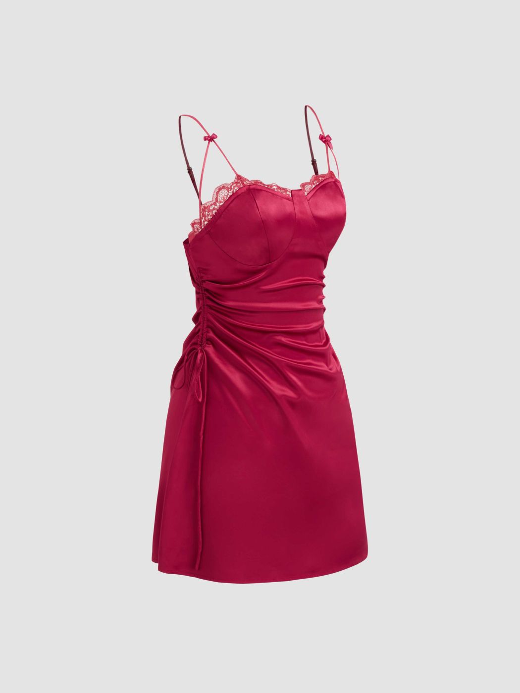 Satin Lace Trim Bowknot Drawstring Ruched Mini Dress