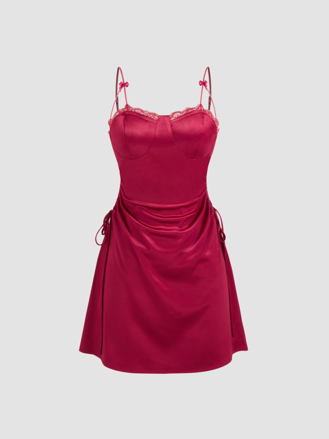 Satin Lace Trim Bowknot Drawstring Ruched Mini Dress