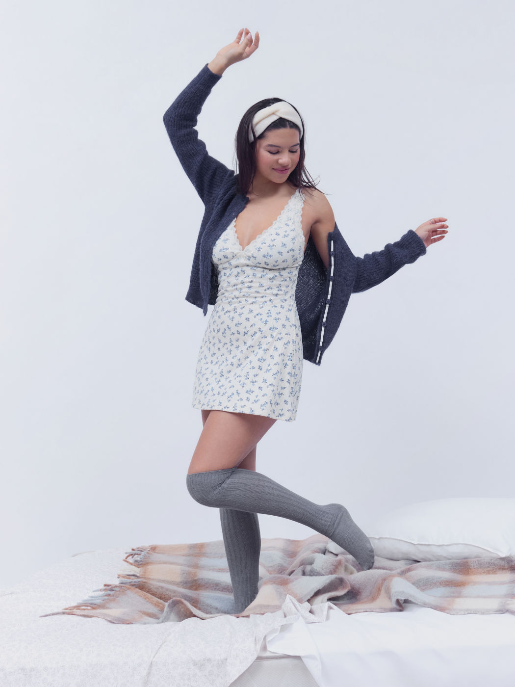 Pointelle V-neck Floral Lace Mini Dress