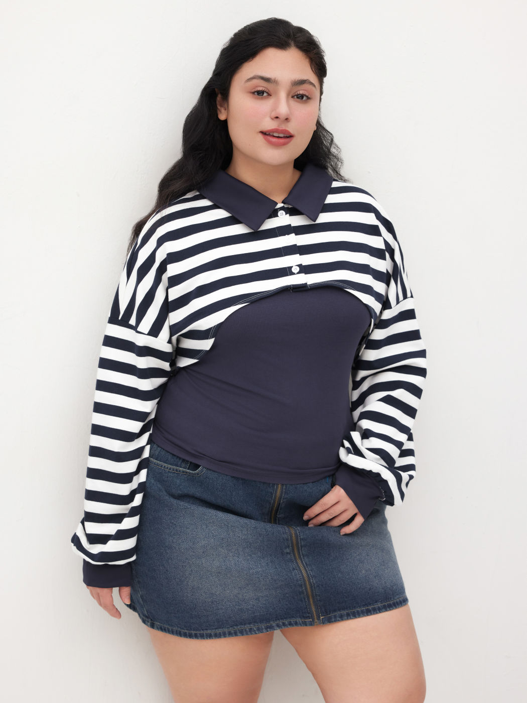 Cotton-blend Cami Top & Polo Striped Sweatshirt Curve & Plus