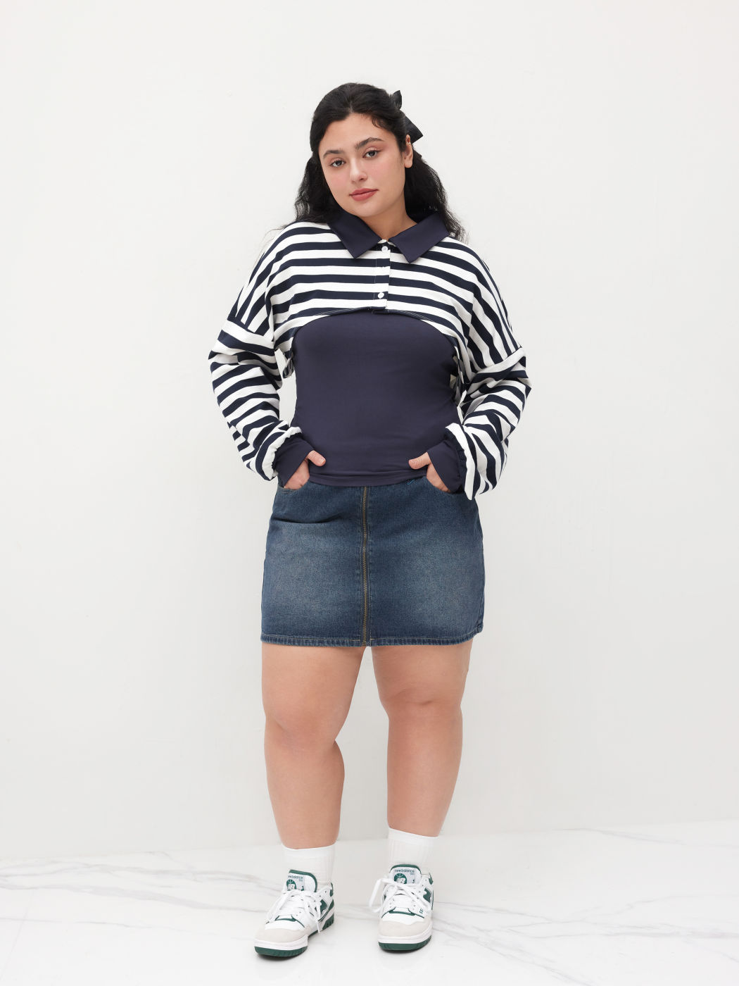 Cotton-blend Cami Top & Polo Striped Sweatshirt Curve & Plus