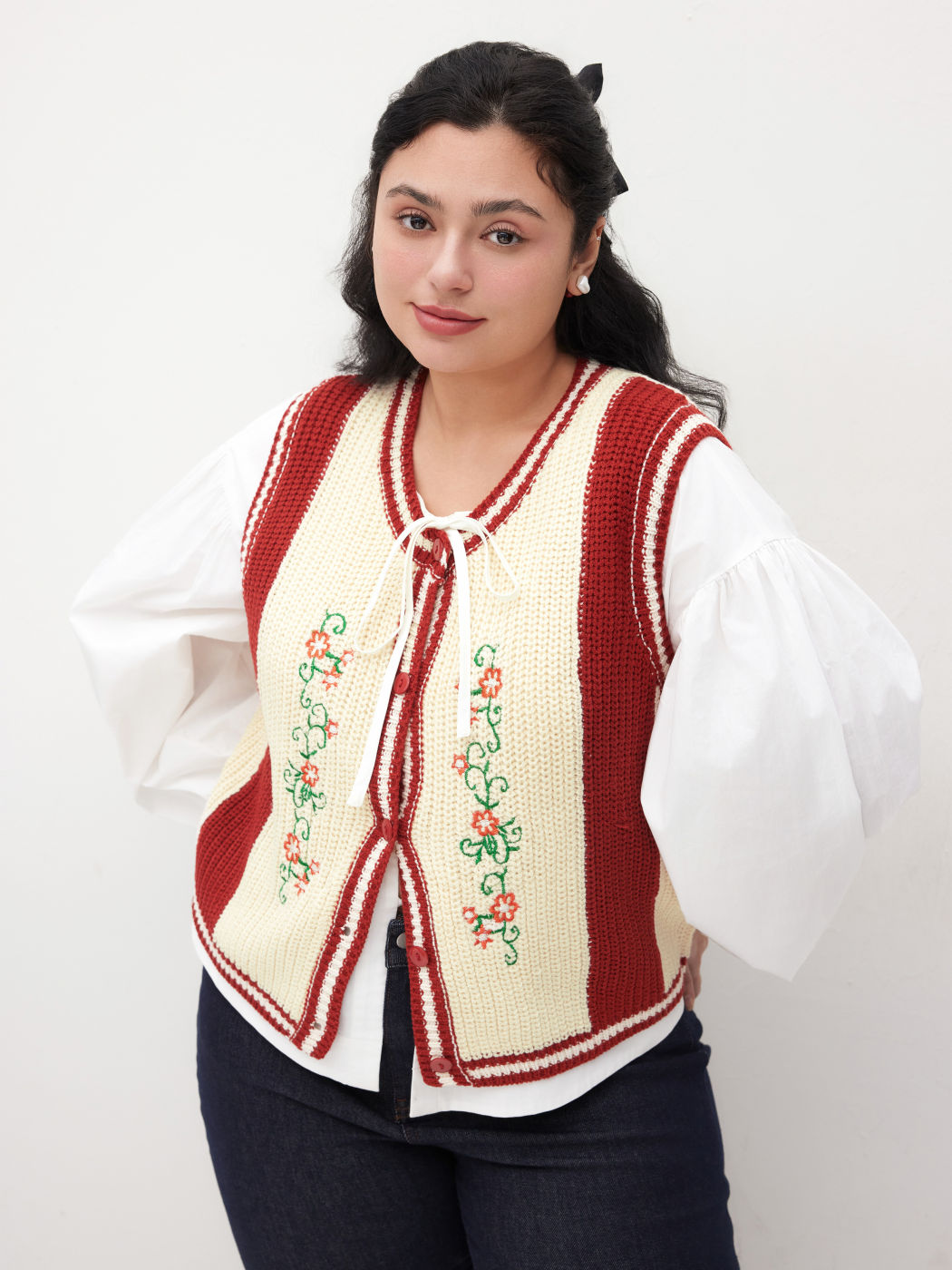 Knit Floral Embroidery Vest Curve & Plus