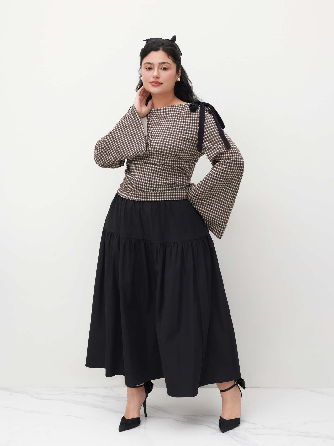 Boat Neck Gingham Bowknot Ruched Long Sleeve Top Curve & Plus