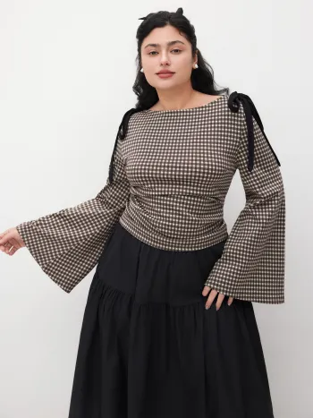 Gingham Bowknot Langarmoberteil Kurve & Plus