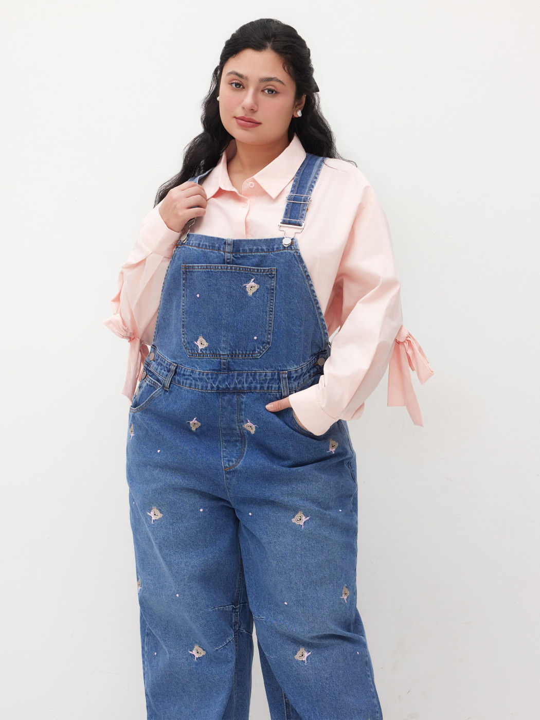 Denim Bear Bowknot Embroidery Pocket Buckle Up Barrel-leg Jumpsuit Curve & Plus