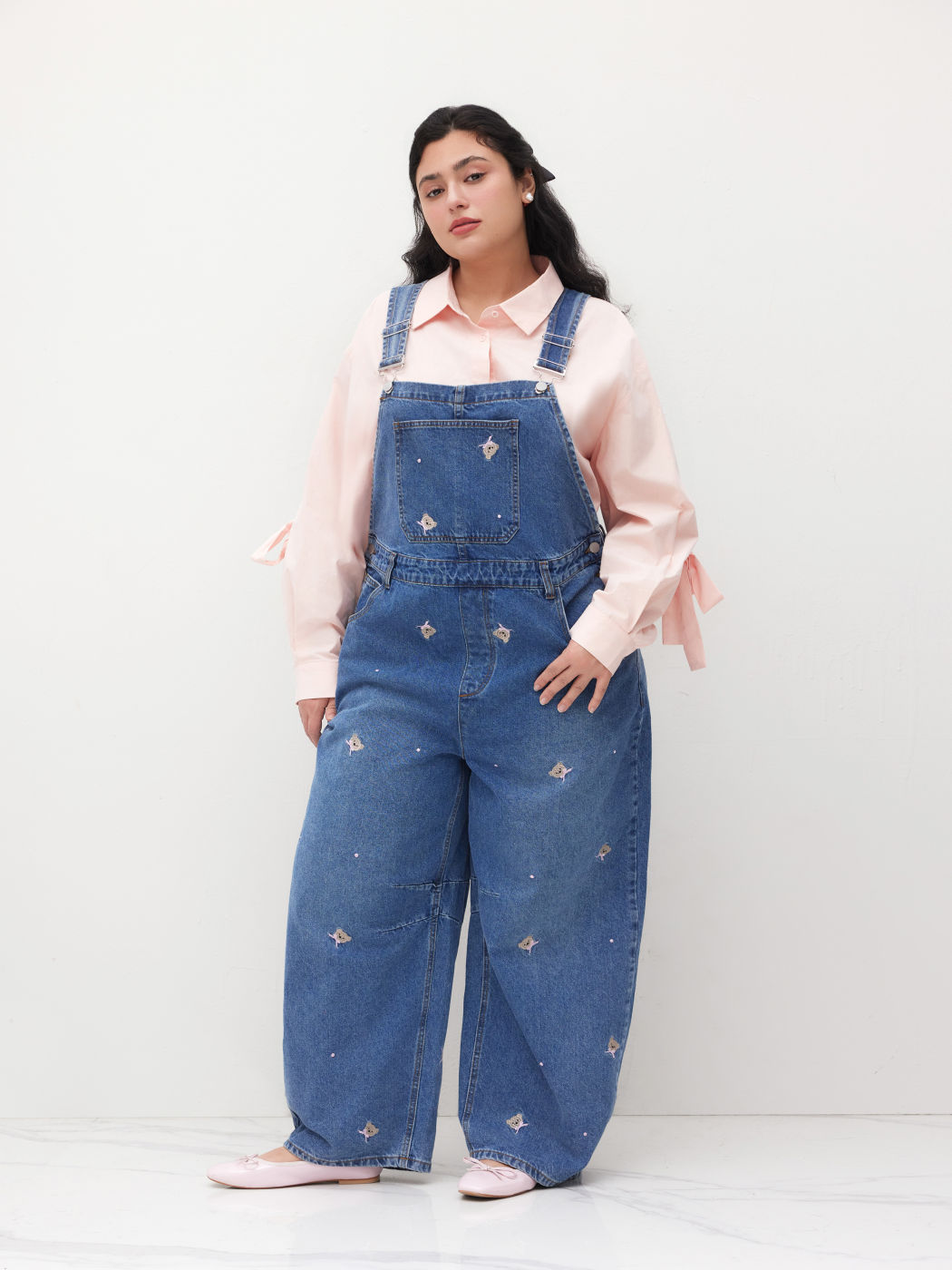 Denim Bear Bowknot Embroidery Pocket Buckle Up Barrel-leg Jumpsuit Curve & Plus