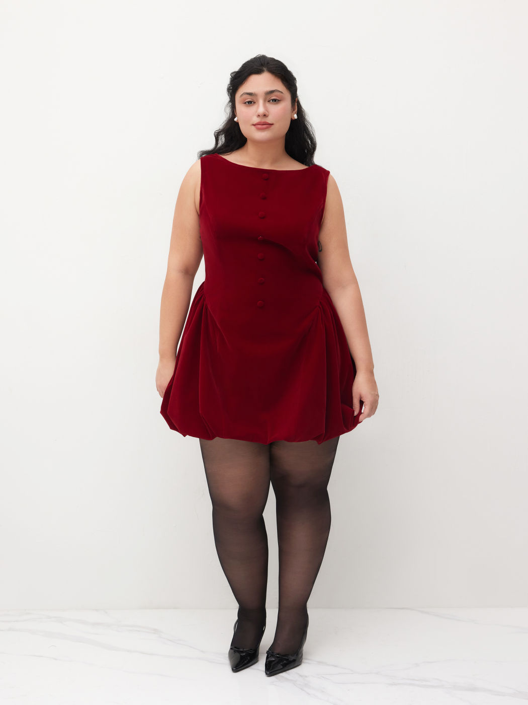Velvet Boat Neck Ruffle Bubble Hem Mini Dress Curve & Plus