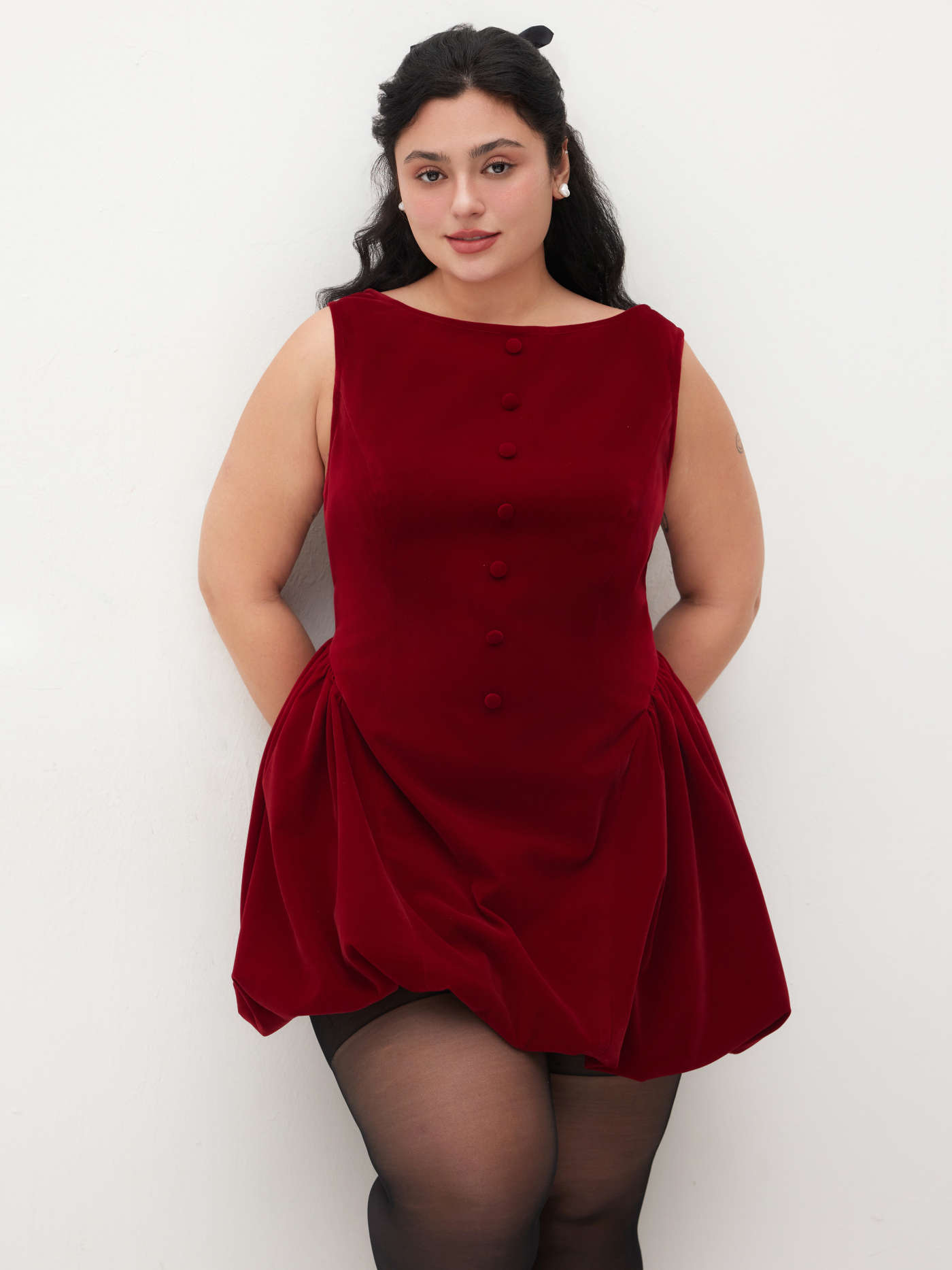 Velvet Boat Neck Ruffle Bubble Hem Mini Dress Curve & Plus
