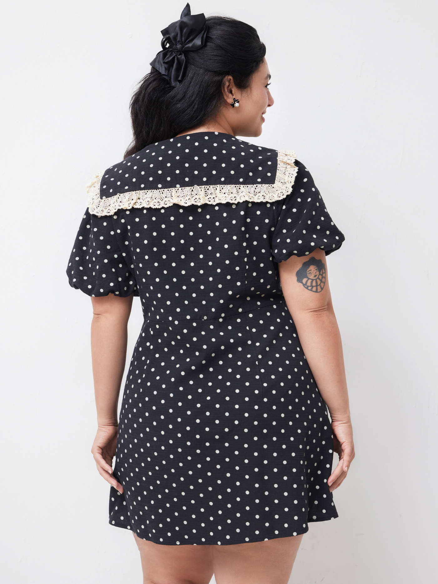 Cotton-blend Collar Polka Dot Mini Dress Curve & Plus