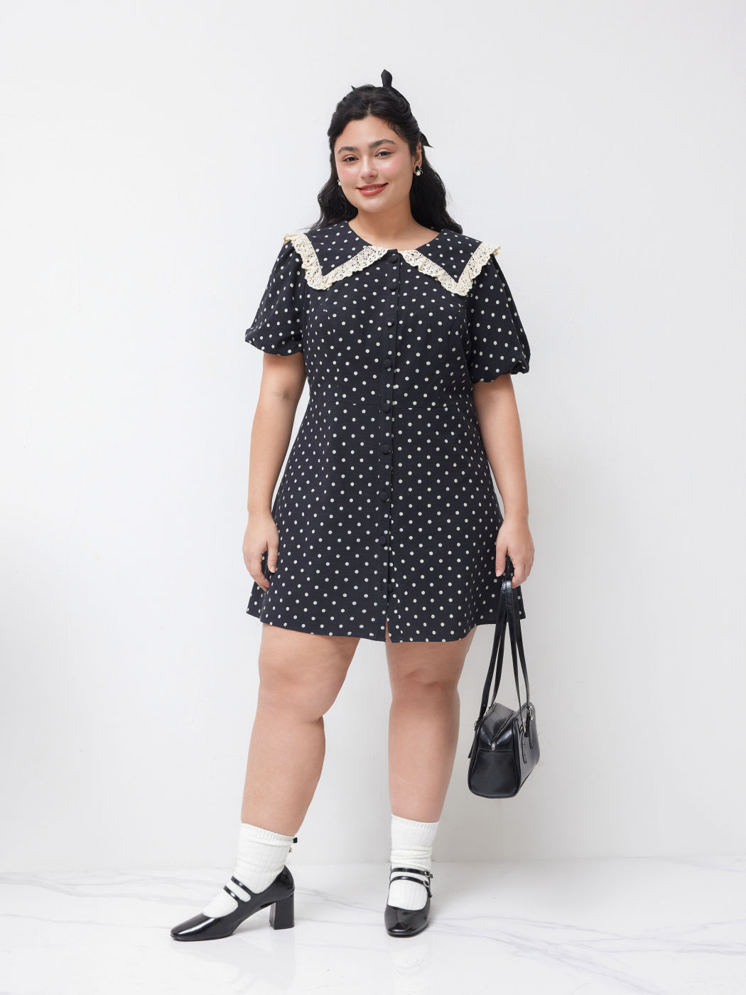 Baumwollmischung Kragen Punkte Mini-Kleid Kurve & Plus