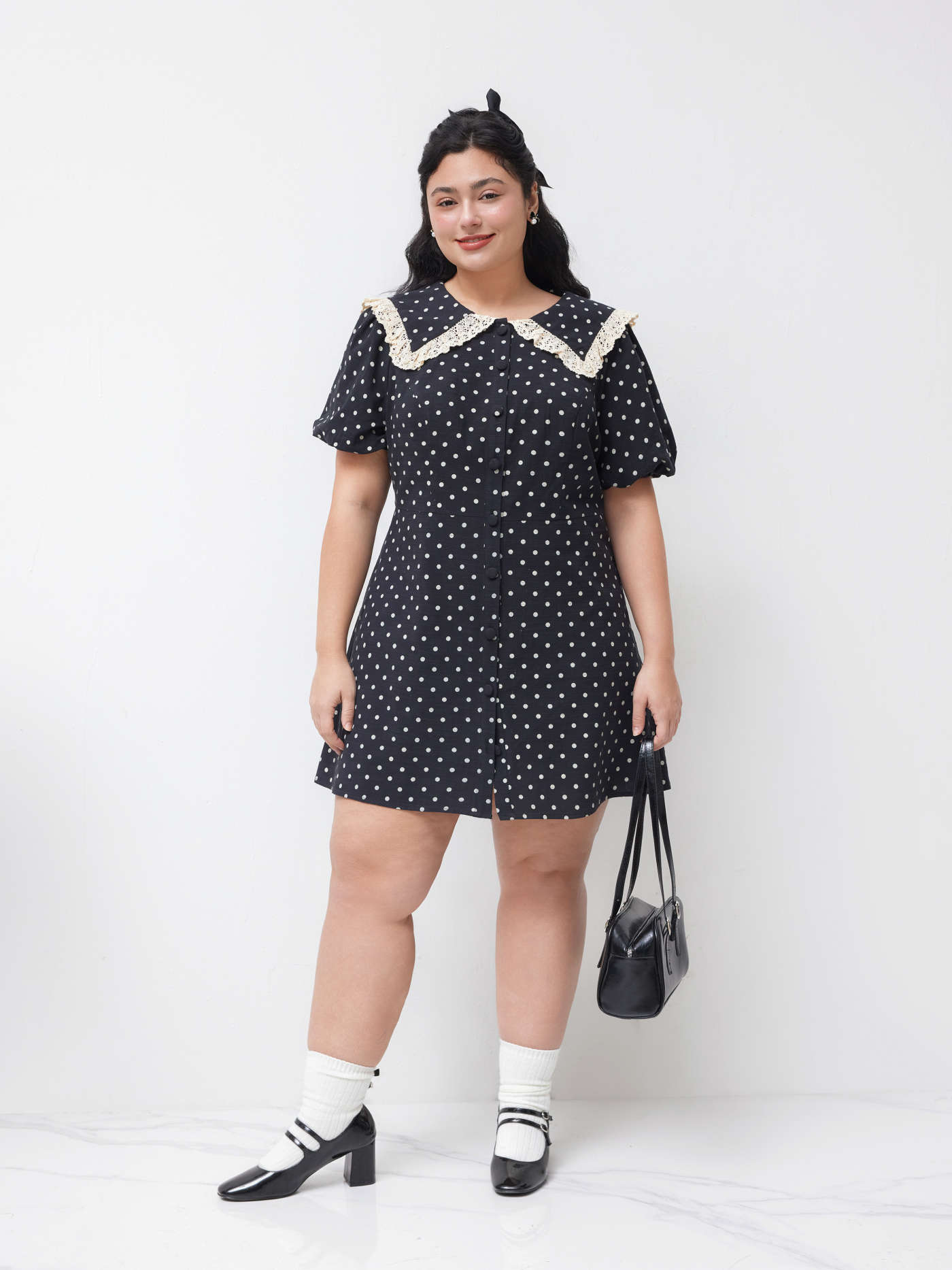 Cotton-blend Collar Polka Dot Mini Dress Curve & Plus